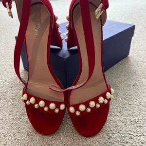 Stuart Weitzman Red Pearl Embellished Heels